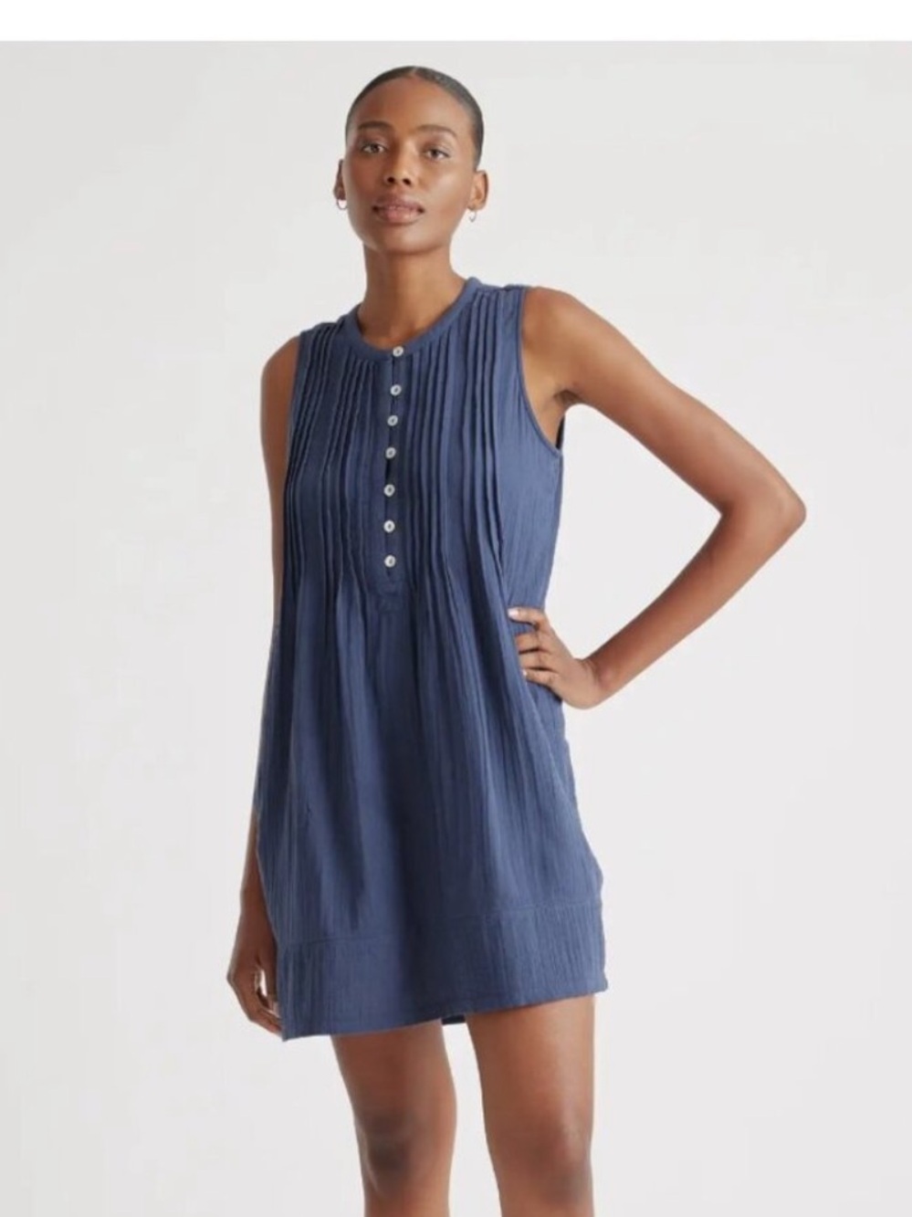 Quince Organic Cotton Gauze Sleeveless Swing Dress sz S Small Navy Blue Mini EUC